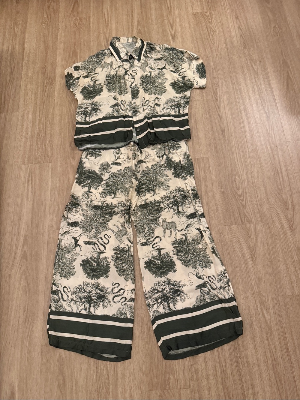 Green Toile Print Wide-Leg Jumpsuit Set